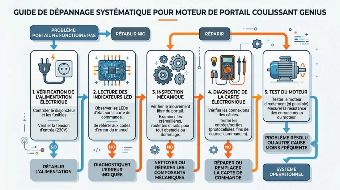 Gros plan main tenant un multimètre devant une carte électronique de motorisation de portail Genius