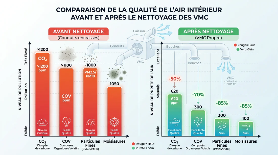 Tableau comparatif de la qualité de l'air avant et après nettoyage des bouches VMC