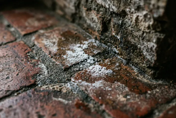 Gros plan sur un joint de carrelage ancien avec traces d'humidité et salpêtre