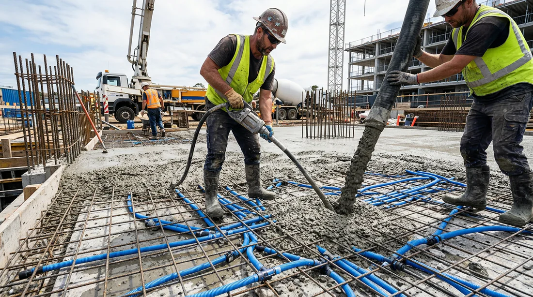Coulage du béton liquide recouvrant le treillis et les gaines électriques ICTA