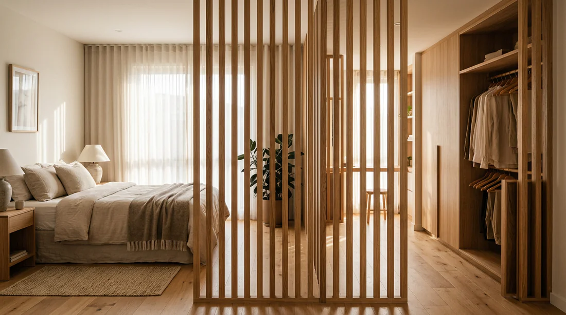 Claustra en bois pour séparer une chambre d'un dressing